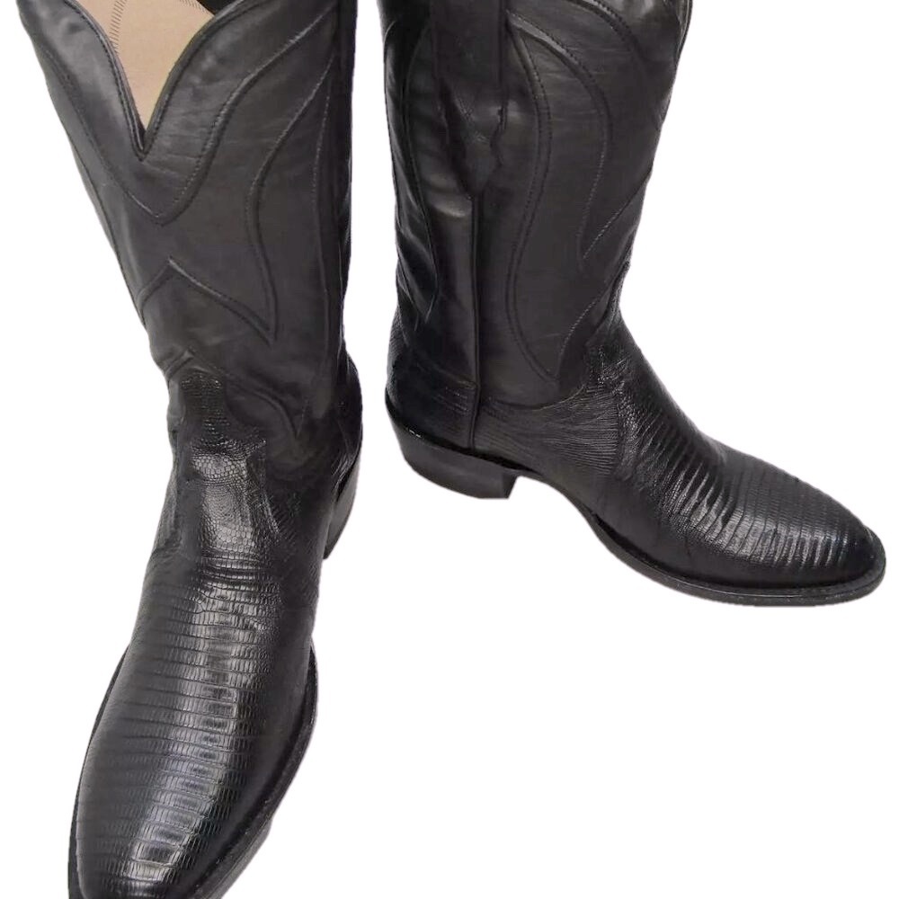 NEW ALLENS Mens 13" Teju Lizard Western Cowboy Boots Black Leather Sz 10 EE Wide